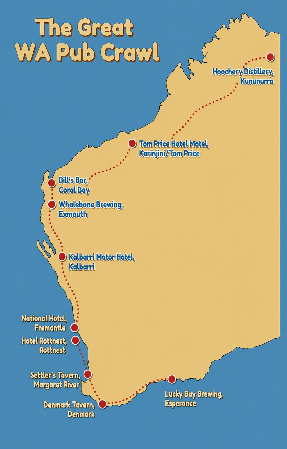 The Great WA Pub Crawl route map showing all 10 stops from Kimberley to Esperance